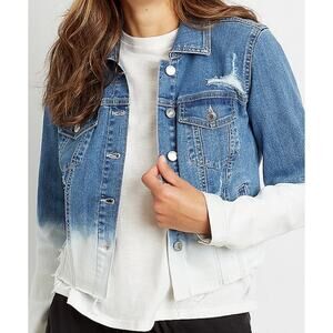 Maurices Cropped Blue Ombre’ distressed denim jacket.